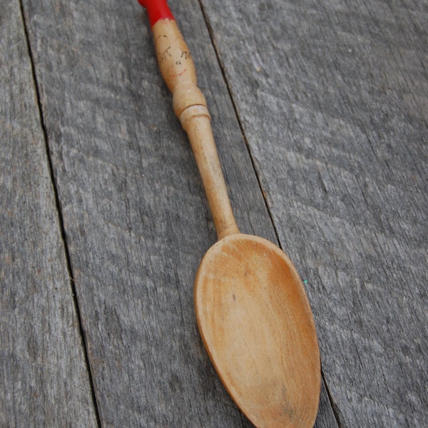 Vintage Wooden Spoon - Red Spoon - Wooden Spoon - Vintage Spoon - Mixing Spoon - Spoon with Face - Red Kitchen Decor - Spoon with Red Handle
