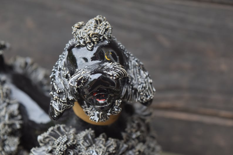 Vintage Poodle Black Poodle Poodle Figurine One Eye Gold Collar Porcelain Poodle Spaghetti Dog Vintage Figurine Spaghetti Poodle