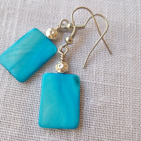 Turquoise blue mother of pearl dangle earrings. Dangle earrings.  Iridescent blue and silver.  Lightwieght earrings.  Simple earrings.