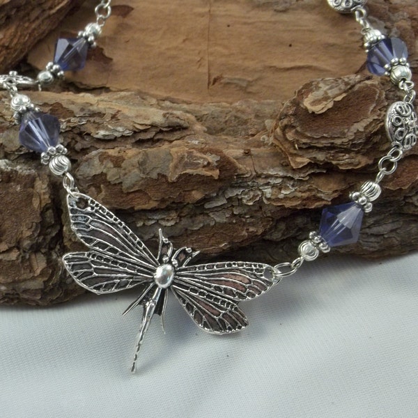 Silver dragonfly and lavender bead necklace.  Dragonfly necklace.  Silver necklace. Nature inspired. Purple choker.  Dragonfly charm