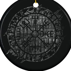 Ceramic Ornament, Nordic Vegvisir Design, Black and Silver Holiday Decoration, Viking Compass Christmas Bauble, Scandinavian Ceramic