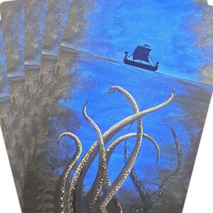 Cartes de poker, bateau viking contre le Kraken, cartes à jouer, bleu océan et noir, peinture originale, fournitures pour soirée match