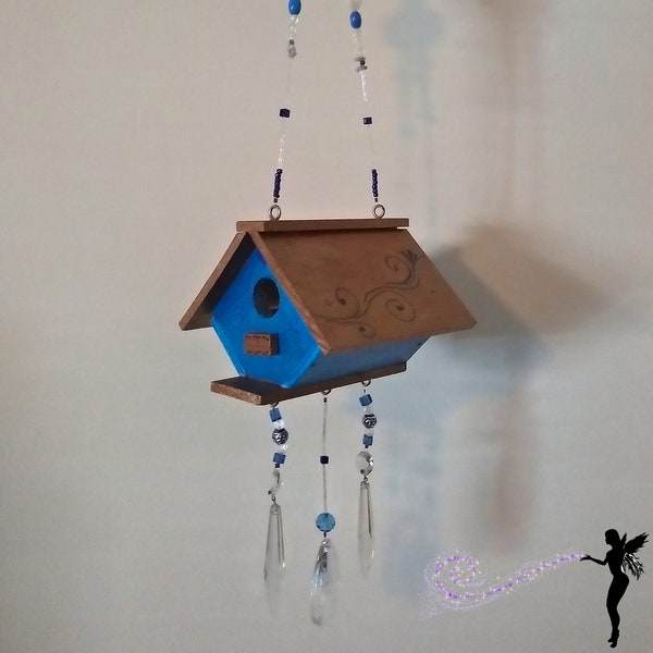 Blue & Copper Birdhouse Windchime with Crystals