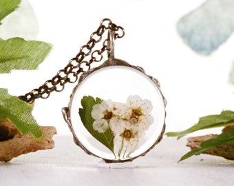 Bridal Wreath Spirea handmade cottagecore glass terrarium pendant necklace Real pressed white flower rustic boho floral jewelry gift for her