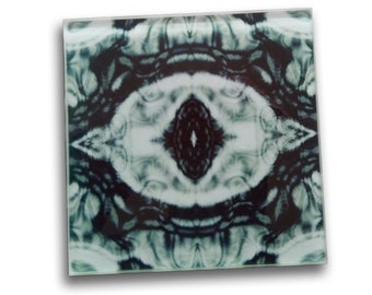 Glass Coasters - 4 Digital Gothic, Organic pattern, Symmetrical 'eye' design coasters, Square drinks mat set in Black, grey and white