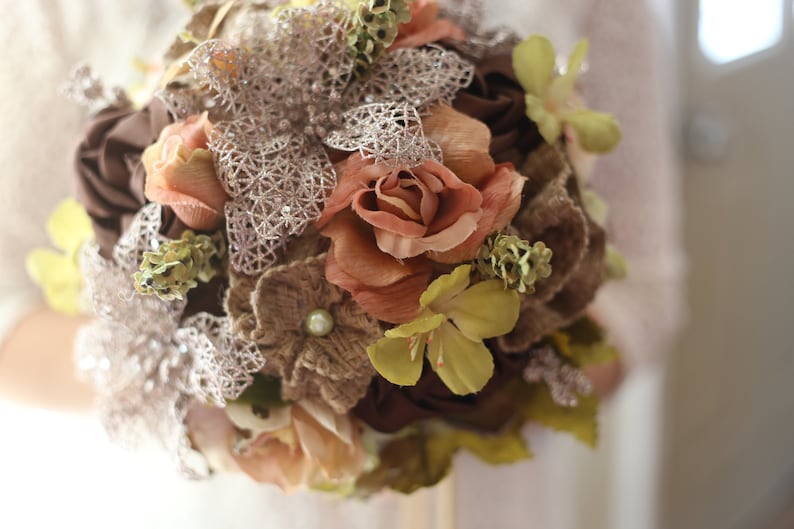Fall \\Winter Burlap Bridal Bouquet,Rose GoldDusty RoseChocolate SatinOlive Green Wedding Bouquet,Keepsake Bridal Bouquet Ready to Ship