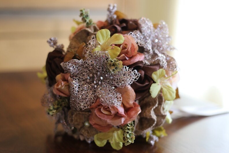 Fall \\Winter Burlap Bridal Bouquet,Rose GoldDusty RoseChocolate SatinOlive Green Wedding Bouquet,Keepsake Bridal Bouquet Ready to Ship
