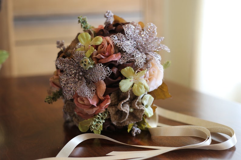 Fall \\Winter Burlap Bridal Bouquet,Rose GoldDusty RoseChocolate SatinOlive Green Wedding Bouquet,Keepsake Bridal Bouquet Ready to Ship