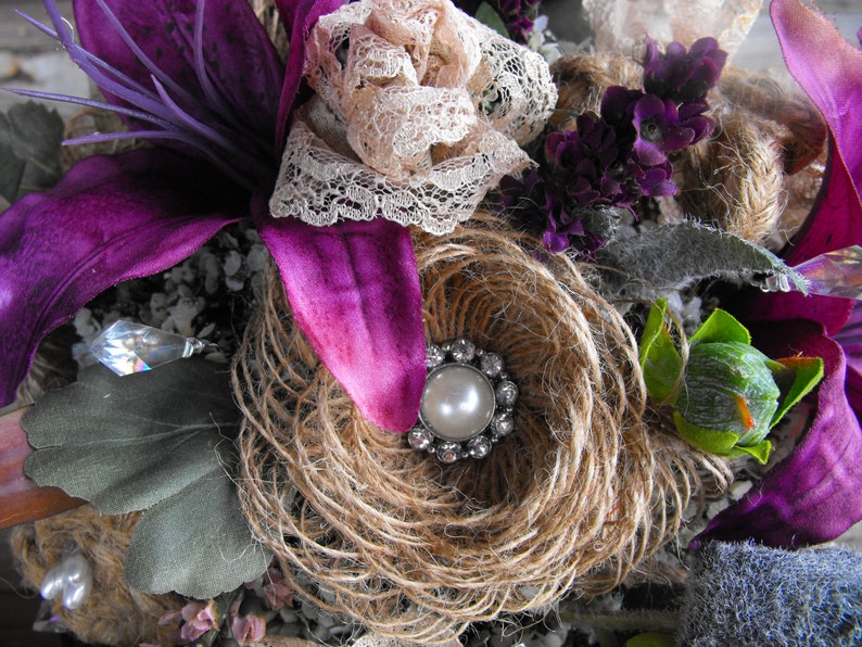 Burlap Wedding bouquet with purple lilly and peony flowers and lots of rhinestone pearl and crystal bling with vine stem-packages available