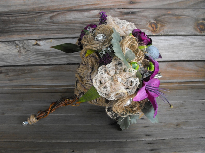 Burlap Wedding bouquet with purple lilly and peony flowers and lots of rhinestone pearl and crystal bling with vine stem-packages available