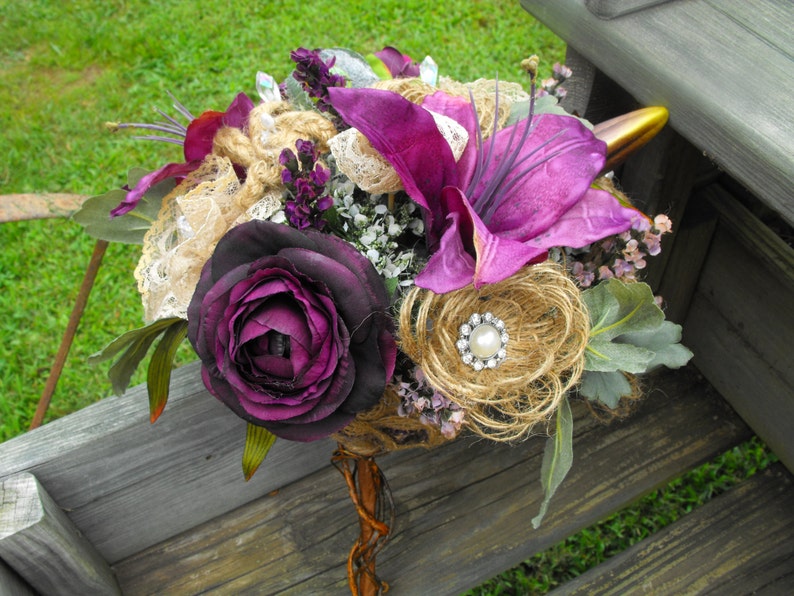 Burlap Wedding bouquet with purple lilly and peony flowers and lots of rhinestone pearl and crystal bling with vine stem-packages available