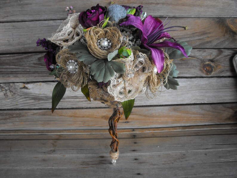 Burlap Wedding bouquet with purple lilly and peony flowers and lots of rhinestone pearl and crystal bling with vine stem-packages available