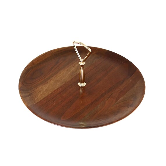 Round Wooden Dessert Tray Vermillion Walnut Sandwich Server Gold Post Handle