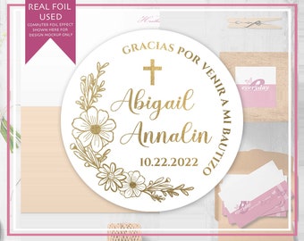 Personalized Foiled SPANISH Bautizo Gracias por venir a mi Bautizo - Baptism Thank You Stickers with Floral Wreath