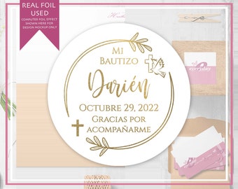 Personalized Foiled SPANISH Mi Bautizo with Script Name - Baptism Thank You Stickers with Wreath