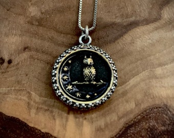 Antique Owl & the Moon Button Necklace