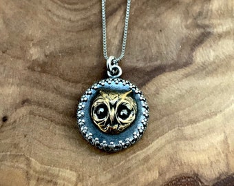 Antique Owl Face Button Necklace