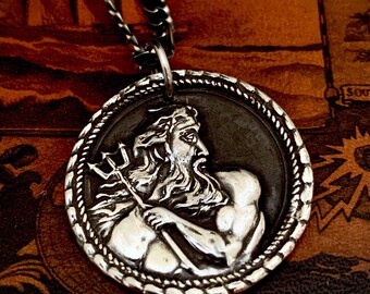 Poseidon Medallion Necklace: Handmade Sterling Silver, Greek God Pendant