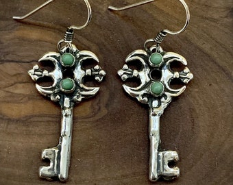 Antique Silver Key Earrings with Turqoise