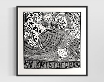 Saint Cristopher original linocut print | folk Lithuanian handmade lino print by Adele Ganciere