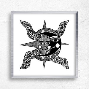 May include: A black and white illustration of a sun and moon with intricate geometric patterns. The sun and moon are intertwined and have faces.