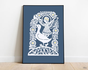 Goose and the Angel Kid original scherenchnitt papercut | Lithuanian silhouette decor by Odeta Tumenaite Brazeniene