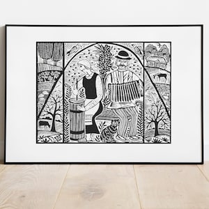 Impresión linográfica original Tarde de otoño / Impresión linográfica lituana hecha a mano por Odeta Brazeniene