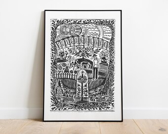 Native linocut print "Spring in the Homeland" by famous traditional Lithuanian artist