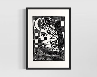 Original Linocut Print "Lover of Cats" by Lithuanian folk artist Adele Ganciere