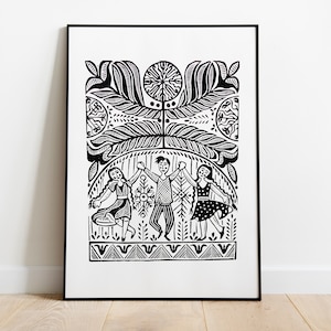 Impresión linográfica original &quot;Celebraciones lituanas&quot; de la artista folclórica lituana Adele Brazenaite