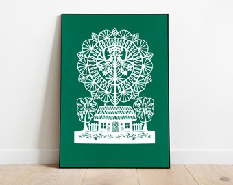 House in Green original scherenchnitt papercut | Lithuanian silhouette decor by Odeta Tumenaite Brazeniene