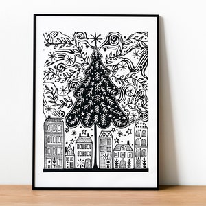 Postal navideña original grabada en madera de la artista popular lituana Adele Brazenaite