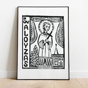 Saint Aloyzas original woodcut print | traditional Lithuanian handmade woodcut print by Odeta Brazeniene