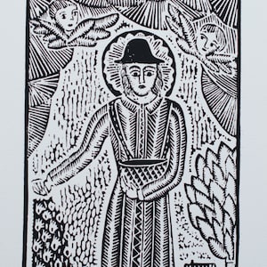 Saint Izidorius original woodcut print traditional Lithuanian handmade woodcut print by Odeta Brazeniene image 2