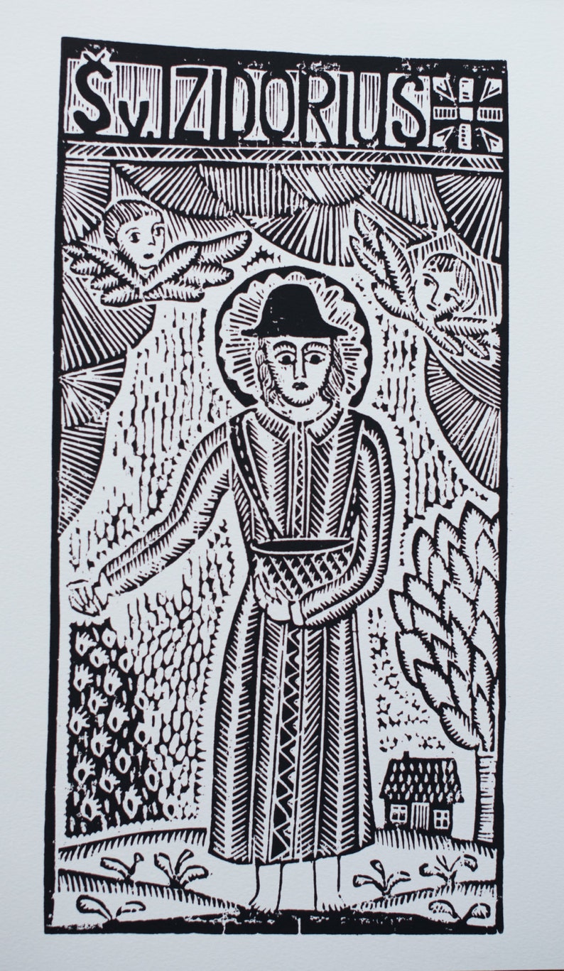 Saint Izidorius original woodcut print traditional Lithuanian handmade woodcut print by Odeta Brazeniene image 2