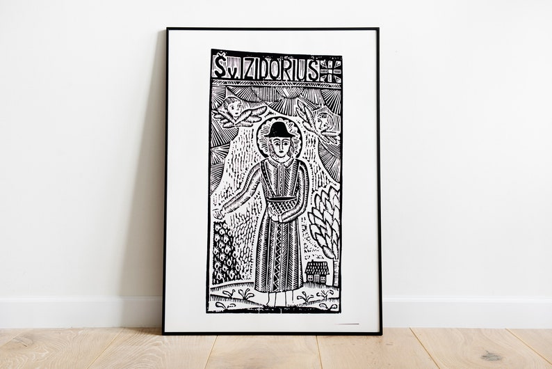 Saint Izidorius original woodcut print traditional Lithuanian handmade woodcut print by Odeta Brazeniene image 1