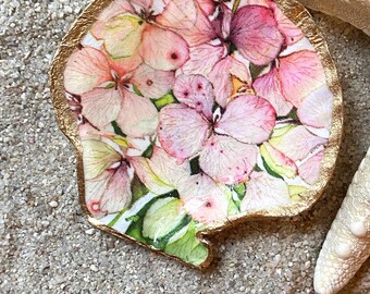 Hydrangea Decoupage Scallop Shell, Easter, Ring Dish Trinket Pin Dish Pink Peach