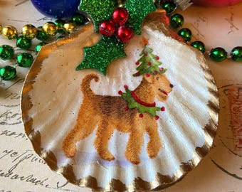 Christmas Ornament Decoupage Scallop Shell  Handmade Terrier Dog