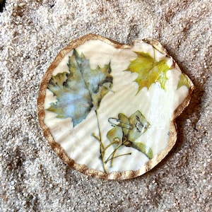 May include: A decorative seashell dish with a gold-painted rim. The interior features a leaf design in shades of green and blue. The dish is resting on a bed of sand.