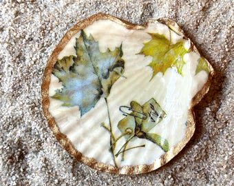 Fall Gift Decoupage Scallop Shell, Ring/Trinket/Pin Dish, Leaves