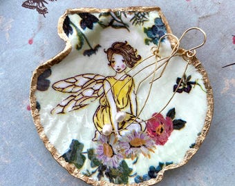 Decoupage Scallop Shell Ring Dish Trinket Handmade Fairy