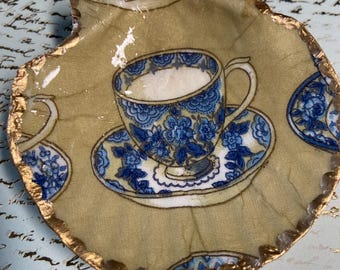 Decoupage Scallop Shell Ring Dish Trinket Handmade Tea Cup