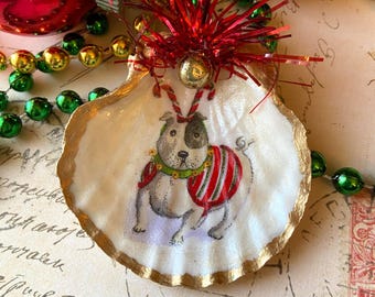 Christmas Ornament Decoupage Scallop Shell  Handmade Terrier Dog