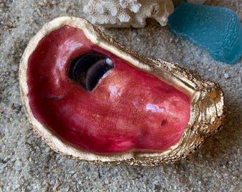Hand-Painted Oyster Shell Ring Dish Beach Decor Jewelry Organizer