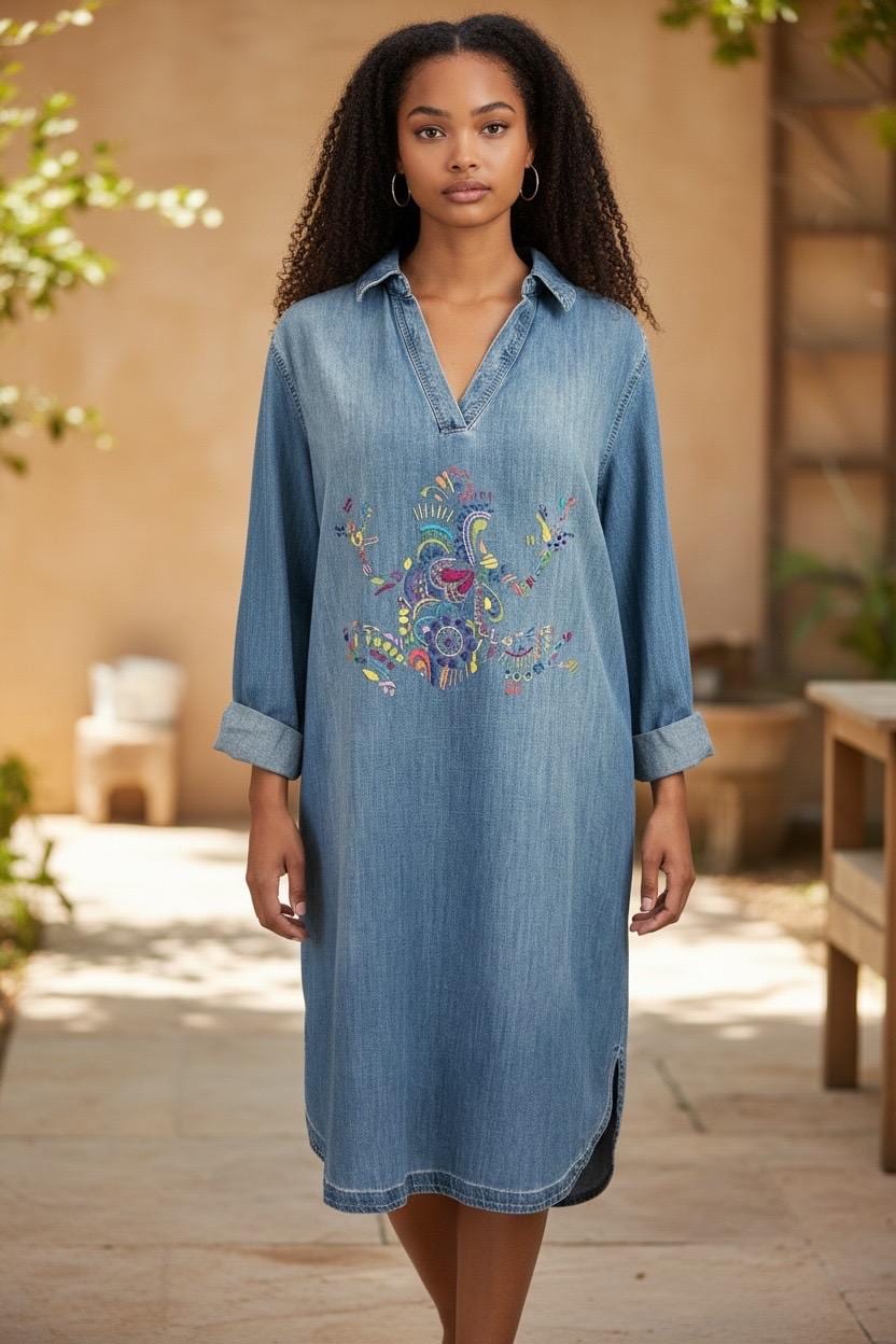 Embroidered Chambray Dress - Etsy