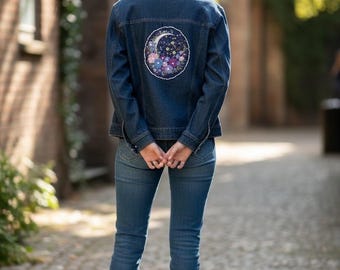 Chaqueta vaquera vintage con bordado a mano y cuentas en tono claro de luna, talla extra grande para mujer