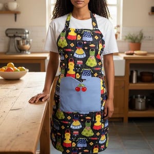 May include: A black apron with a colorful pattern of dresses, kitchen utensils, and other cooking-related images. The apron has a light blue pocket with two red cherries. The apron is worn by a person in a white t-shirt.
