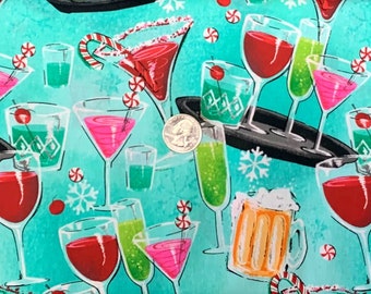 Mixed holiday drinks all over teal blue. Holiday Spirits by 3 Wishes Fabric 118678 - Fabric by the yard