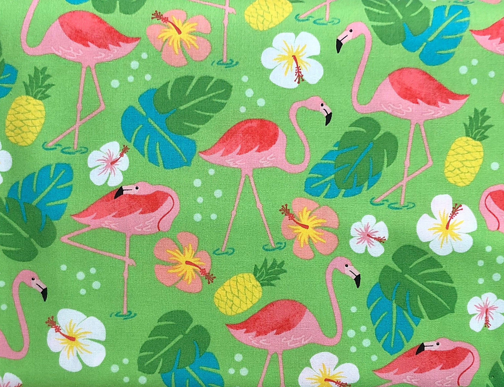 Pink Flamingos Polka Dots and Tropical Plants on Lime Green. - Etsy