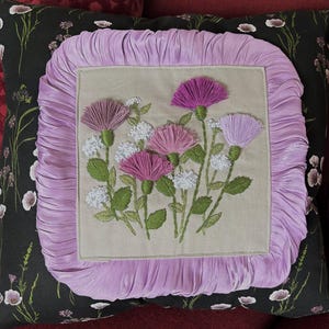 Handmade Embroidered Purple Floral Throw Pillow - Osgoodart Decorative Cushion 17x17&quot;
